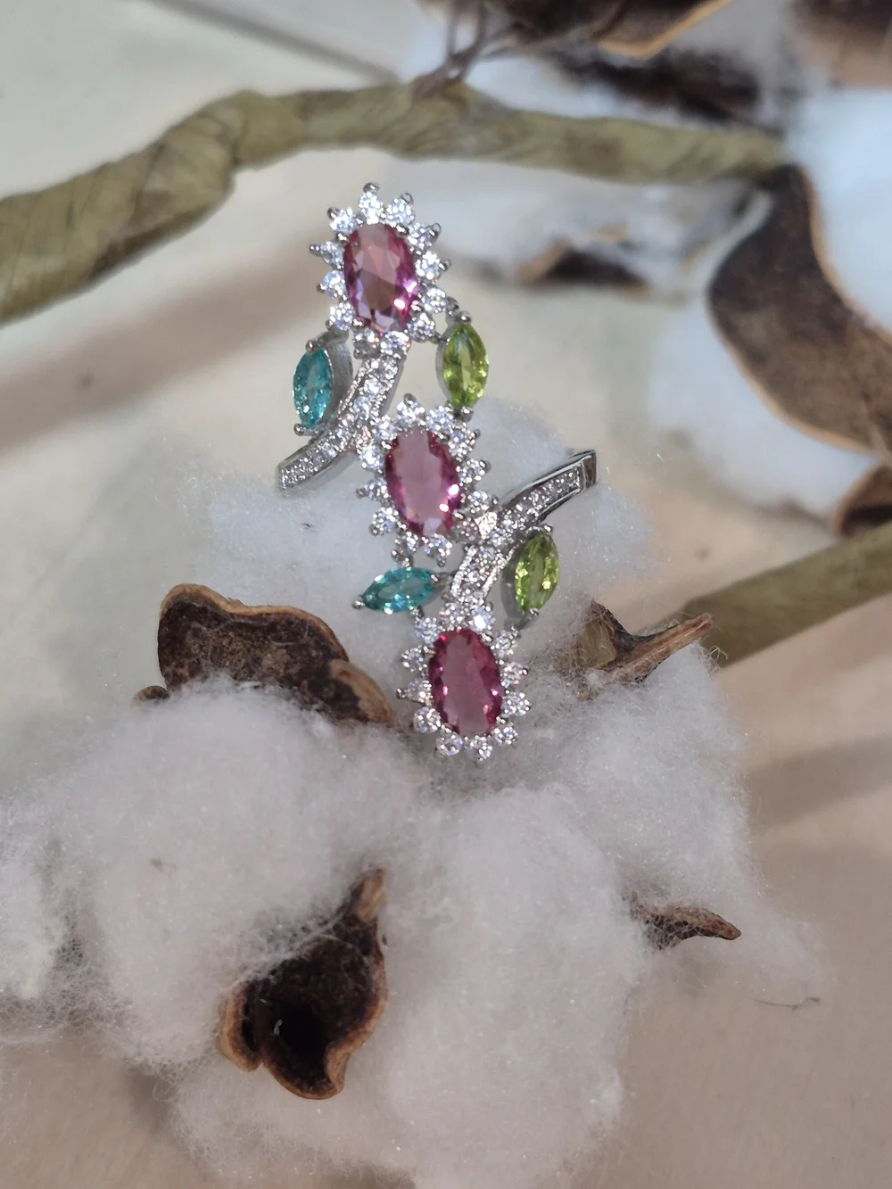 💚🩷NEW💚🩷 STUNNING!! PINK MORGANITE, AQUAMARINE, PERIDOT & CZ'S Ring
